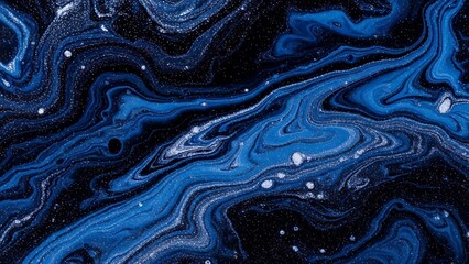 Abstract Cosmic Nebula Fluid Art Background with Silver Glitter, Deep Blue and Black Swirls Resembling Galaxy or Starry Night Sky, Generative AI Art