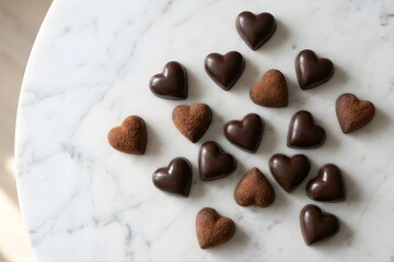 Dark Chocolate Heart Shaped Truffles Flat Lay on Marble Table