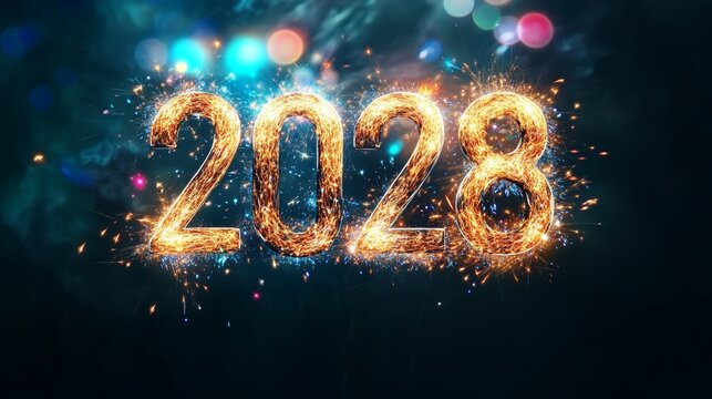 Exciting New Year 2028 Celebration with Vibrant Fireworks, Countdown Joy, and Festive Wishes