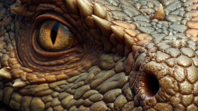 Extreme close up of a dragon eye with detailed scales and sharp horns, showing texture, power and intensity in a dark fantasy mythical creature concept