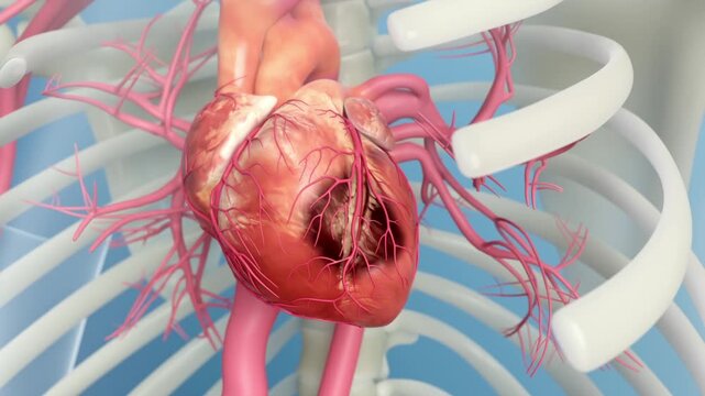 Restore heart health,treatment of heart attack,myocardial infarction,coronary heart disease. Coronary stents clear blocked coronary artery, improve cardiovascular circulation, surgical procedures. 3D.