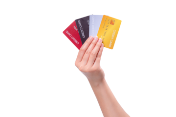 A hand holding a credit card, on a transparent background.