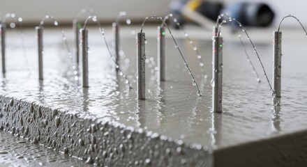 Detailed shot of smart sensor probes inserted into wet concrete capturing vital curing data to enhance structural integrity remotely.