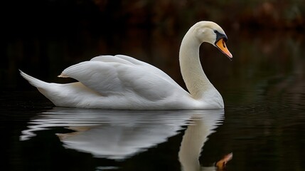 Naklejka premium A regal white swan gracefully gliding across dark water, reflecting its form