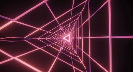 Abstract Pink Neon Triangle Tunnel Loop with Glowing Connections. Futuristic 3D Wireframe Background