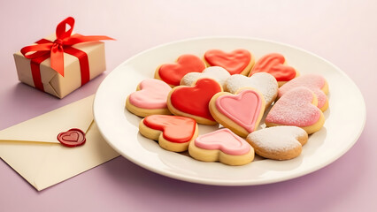 Plate of heart shaped cookies with gift box and envelope on lilac background Valentines day celebrat.png cinematic lighting with rich color contrast, 