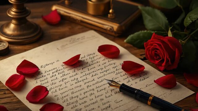 Romantic handwritten letter with fountain pen red rose vintage desk rose petal scattered warm mood