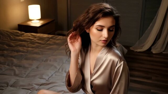 Sensual fashion photoshoot of a model in bedroom by professional cinematographer. 