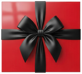 Top view of red square glossy gift box with elegant black satin ribbon tied into a large formal bow