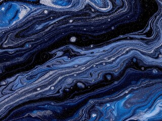 Abstract Cosmic Nebula Fluid Art Background with Silver Glitter, Deep Blue and Black Swirls Resembling Galaxy or Starry Night Sky, Generative AI Art