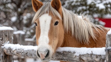 Beautiful Ginger-Colored Horse With Stunning White Blonde Mane in a Snowy Winter Ranch Setting