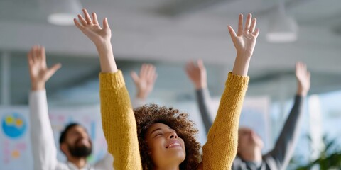 Joyful office stretching session with diverse team celebrating success