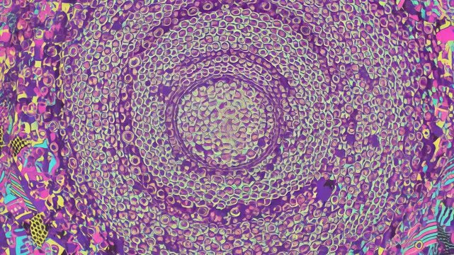 Abstract artwork displaying circular mosaic pattern in vibrant purple and yellow hues.
