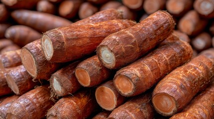 A pile of orange root vegetables. The pile is made up of several different types of root vegetables, including carrots, beets, and turnips. The pile is stacked on top of each other