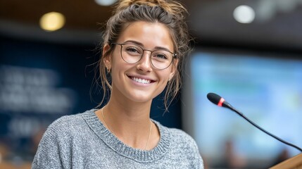 Smiling young caucasian female speaking at public event with microphone