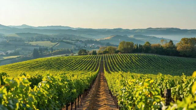Sunlit vineyard rows leading to rolling hills sunrise peaceful countryside grapevine row hill