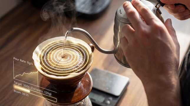 Barista making pour over coffee with glowing augmented reality brewing guide and scale interface on counter - Powered by Adobe