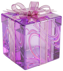 Transparent purple gift box with sparkly pink ribbon and large bow decoration