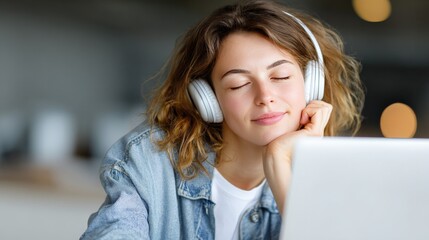 Fototapeta premium Young caucasian female enjoying music with headphones