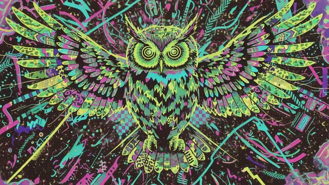 Owl with spread wings and glowing colorful geometric shapes on dark background.