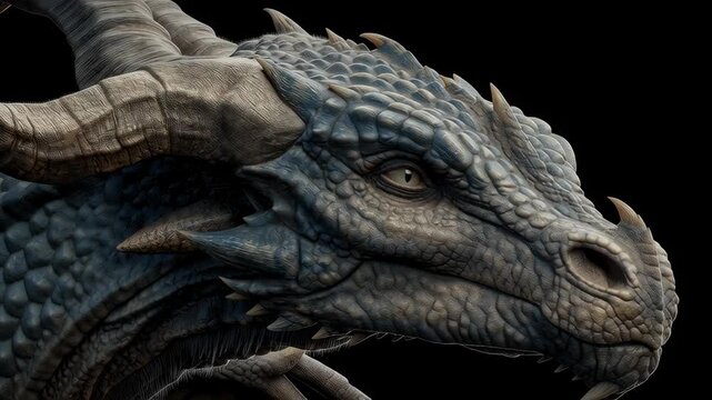 Detailed side profile of a mythical dragon head with textured scales and curved horns on a dark background, dramatic fantasy creature portrait