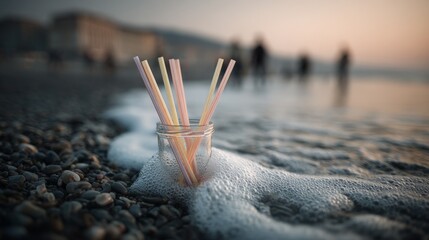 Colorful straws in glass jar on pebble beach at sunset with soft ocean waves