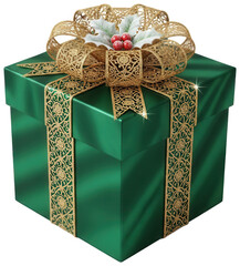 Elegant emerald green gift box with ornate gold lace ribbon