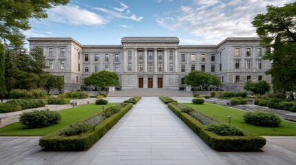 Elegant neoclassical architecture of a historic government building with manicured gardens