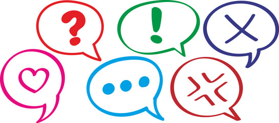 Hand drawn speech bubbles set with emoji and symbols icons sketch