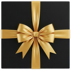 Black square gift box with golden satin ribbon bow top view isolated on transparent background