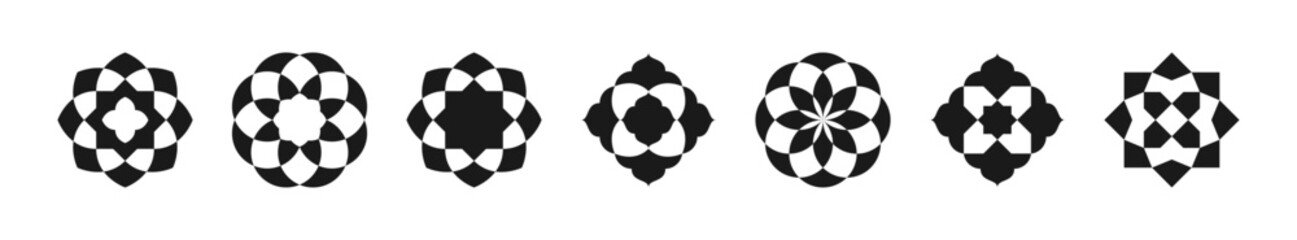 Vector islamic shape set. Geometric oriental ornament logo design collection. Black mandala pattern on white background, decorative floral motif.