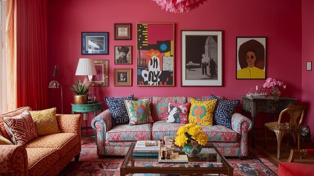 Eclectic living room with maximalist interior design with colorful furnishings and a gallery wall.