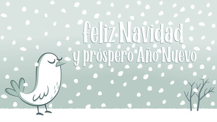 Christmas greeting in Spanish with a small white bird in the snow. Christmas greeting in Spanish with a snowy landscape with a small white bird with its eyes closed.