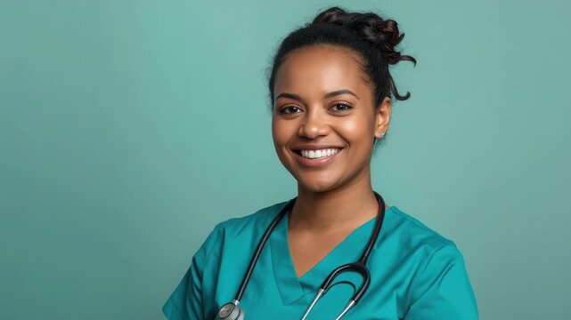Smiling nurse portrait teal scrubs with stethoscope showcasing medical healthcare warmth