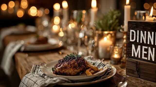 Dinner menu sign on wooden table with a plate of meat food and glowing candles.