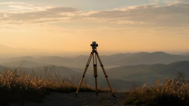 Surveying instrument on tripod at sunset with misty mountain layers and golden grass on ridge