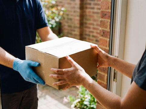 Hand giving cardboard box delivery service advertisement background package parcel logistics shipping commerce purchase client mail carrier copy space warehouse transportation - Powered by Adobe