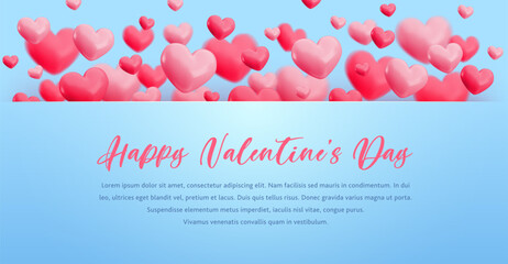 Vector Happy Valentines Day banner template. Horizontal border with flying realistic pink heart balloons frame and text on blue background. Cartoon 3d Valentine's day design for greeting, invitation.