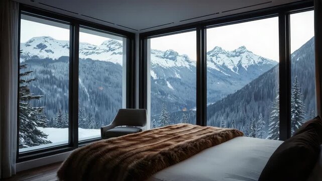 Cozy bedroom with floor to ceiling window panoramic snowy mountain landscape, bed with warm fur