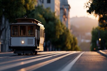 Fototapeta premium Historic san francisco cable car on sunrise city street