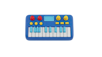Blue toy keyboard with colorful buttons and keys