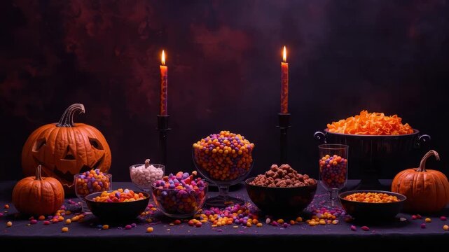 Halloween candy pumpkin bowl candle display with carved pumpkins, bowls of caramel candy