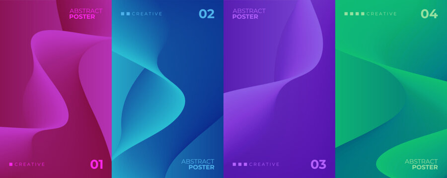 Set of abstract flowing soft gradient waves posters. Futuristic backgrounds for creative graphic design. Vector illustration.	
