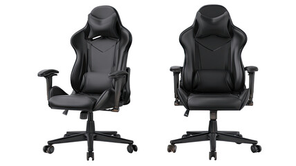 An isolated black leather executive office chair features a comfortable adjustable seat and wheels for a professional business manager's interior design