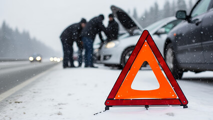 Four people assisting with car breakdown on snowy roadside landscape  