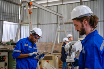 Blue collar workers are working at machine shop with welding robot arm.
