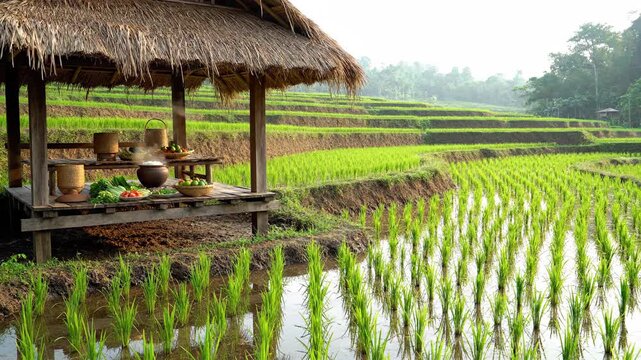 Lush green rice paddy terraces under a soft sky with a rustic hut and fresh produce.