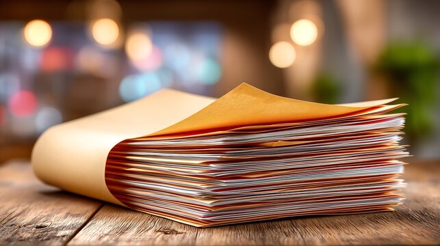 Thick stack of manila file folders containing important documents rests on a rustic wooden table with a blurred background.
