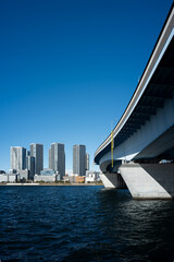 冬の青空と豊洲から見た晴海　晴海運河　東京都江東区豊洲