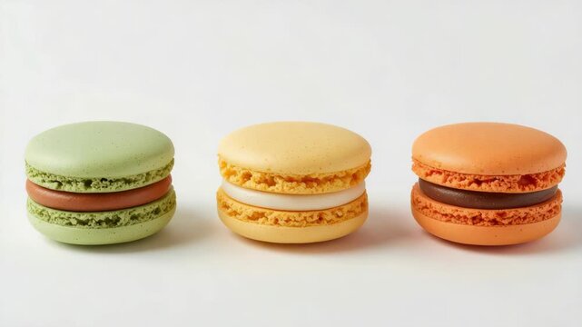 Green pistachio lemon orange macaron trio confection dessert pastry cookie sweet colorful arranged